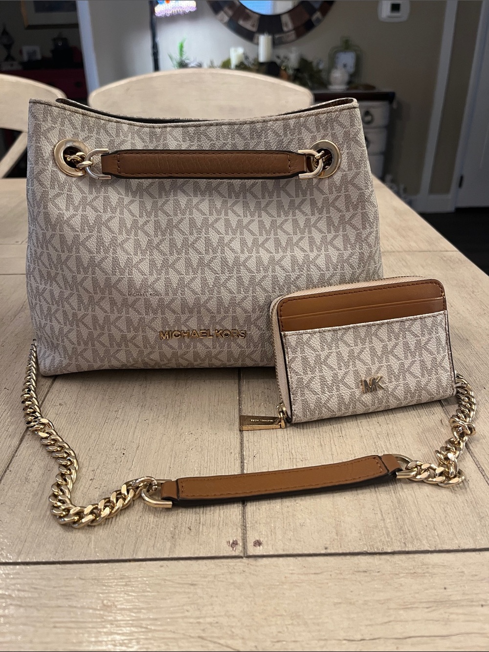 Michael Kors Cream MK Monogram Shoulder Bag with Tan Leather Trim